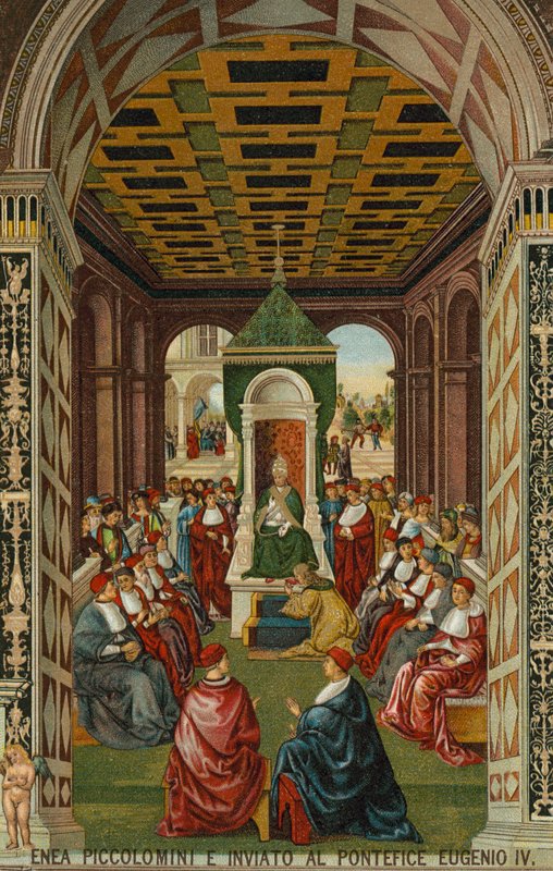 Enea Piccolomini paavi Eugenius IV:n edessä tekijältä Bernardino di Betto (after) Pinturicchio