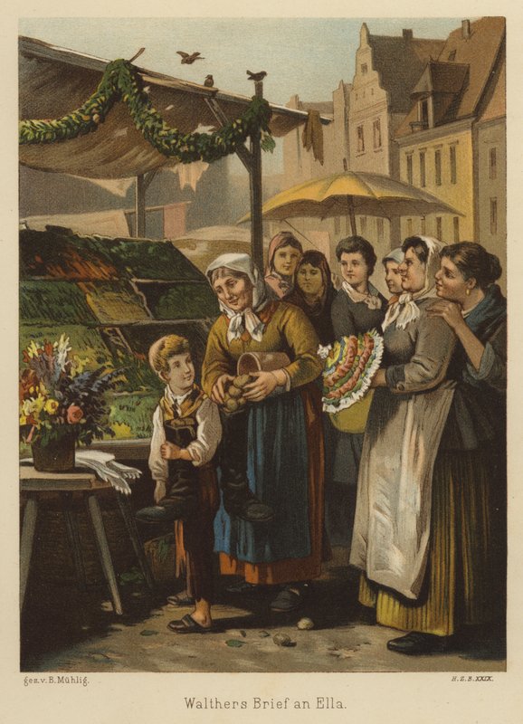 Escena en un mercat (litografia de color) finlandès tekijältä Bernhard Muhlig