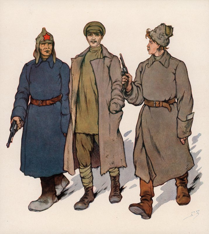 Vangittu johdetaan Neuvostoliiton vallankumoukselliseen tuomioistuimeen (värilitho) tekijältä Boris Vasilievich Zvorykin