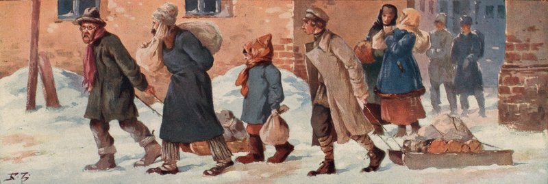 Neuvostoliiton työntekijät jättävät toimistonsa ruoka-annoksillaan (värilitho) tekijältä Boris Vasilievich Zvorykin