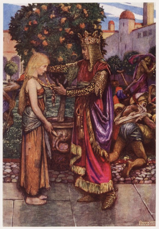 "Kuningas hän kutsui hänet takaisin, / ja hänelle hän antoi ketjunsa" (väri litho) tekijältä Byam (after) Shaw