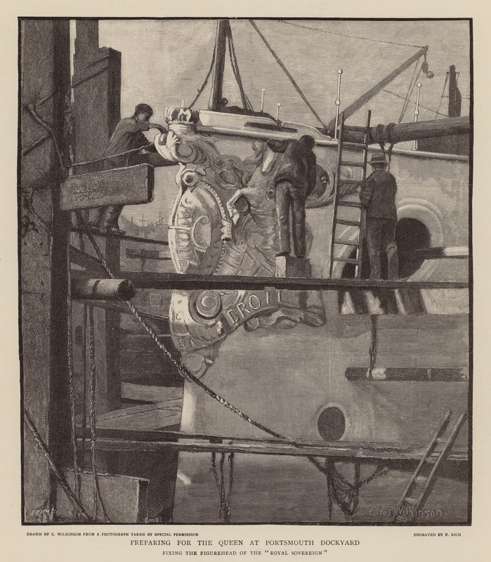 Kuningatar Victorian valmistelu Portsmouthin telakalla (kaiverrus). tekijältä C.A. Wilkinson