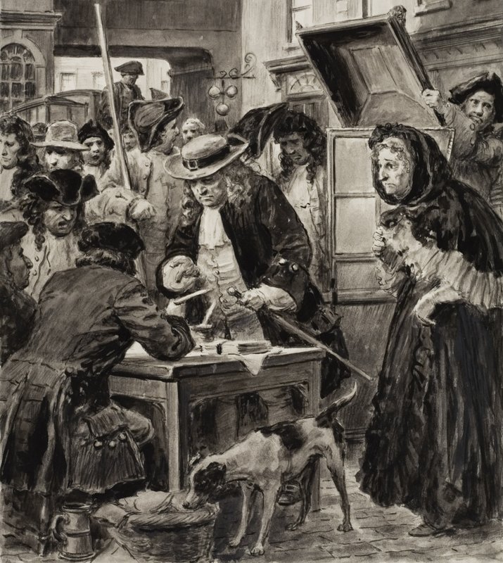 1700-luvun panttilainaamo ja hänen asiakkaansa (guassi paperille) tekijältä C.L. Doughty