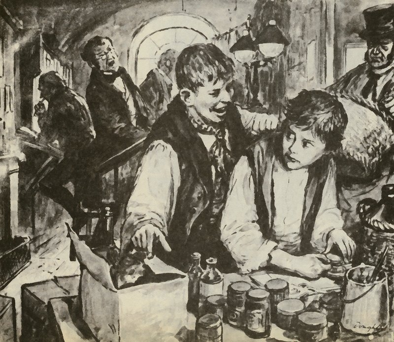 Charles Dickens poikana mustatehtaalla (litografia) tekijältä C.L. Doughty
