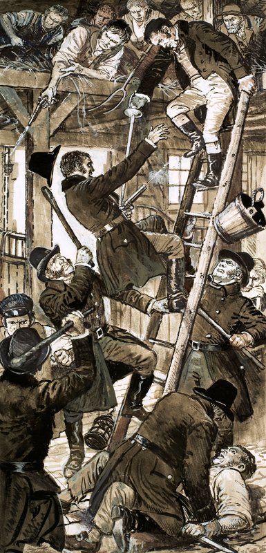 Bow Streetin poliisien ja Cato Streetin salaliittolaisten kohtaaminen 23. helmikuuta 1820 (guassi paperille). tekijältä C.L. Doughty