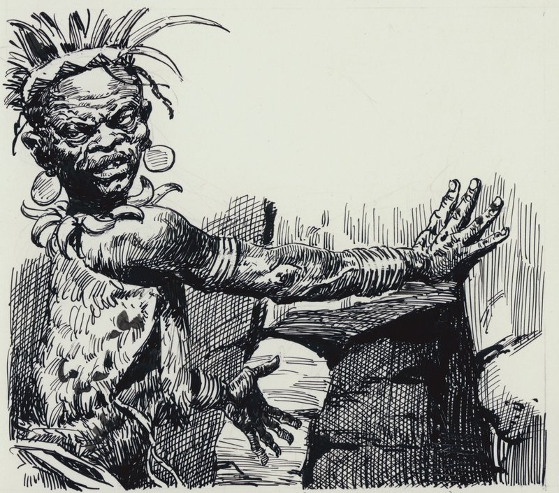 Kuningas Solomonsin kaivosten kuvitus (guassi paperille) tekijältä C.L. Doughty