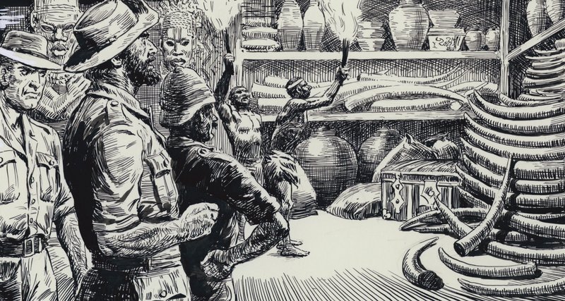 Kuningas Solomonsin kaivosten kuvitus (guassi paperille) tekijältä C.L. Doughty