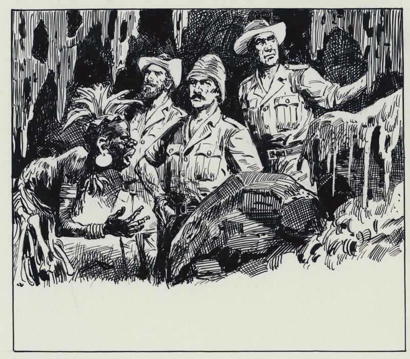 Kuningas Solomonsin kaivosten kuvitus (guassi paperille) tekijältä C.L. Doughty