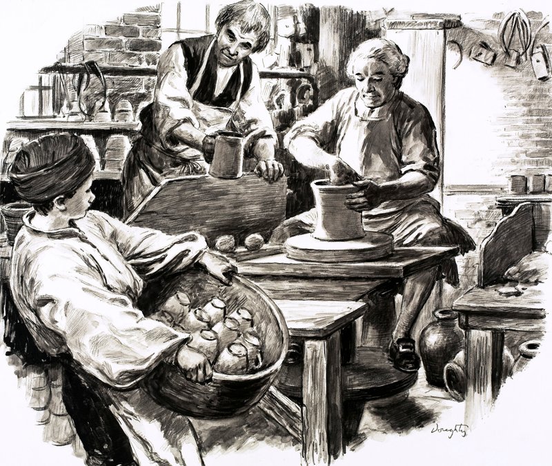Josiah Wedgwood oli oppipoikana perheen keramiikka-alan yrityksessä (guassi paperille). tekijältä C.L. Doughty