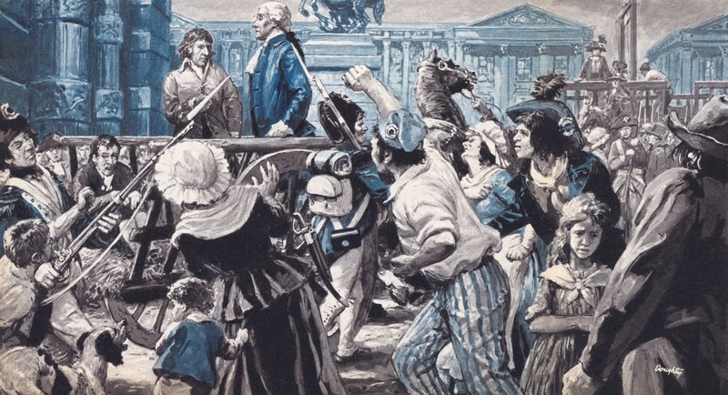Lavoisier matkalla teloitukseensa (värilitografia) tekijältä C.L. Doughty