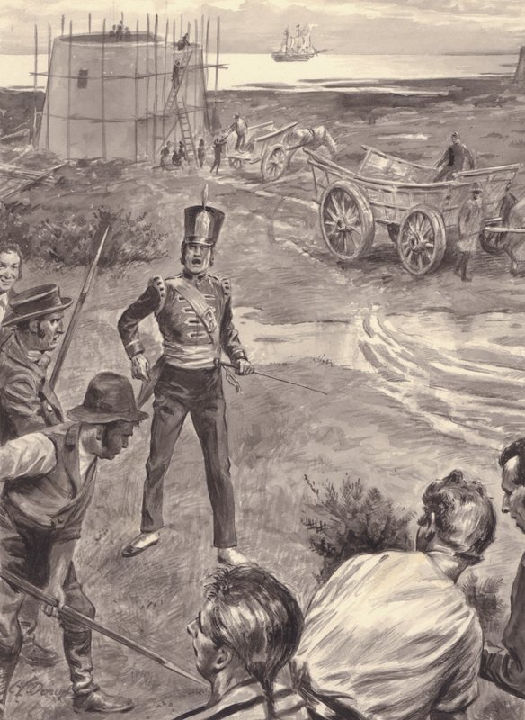 Martellotorneja rakennetaan Napoleonin hyökkäyksen varalta Englantiin (guassi paperille). tekijältä C.L. Doughty