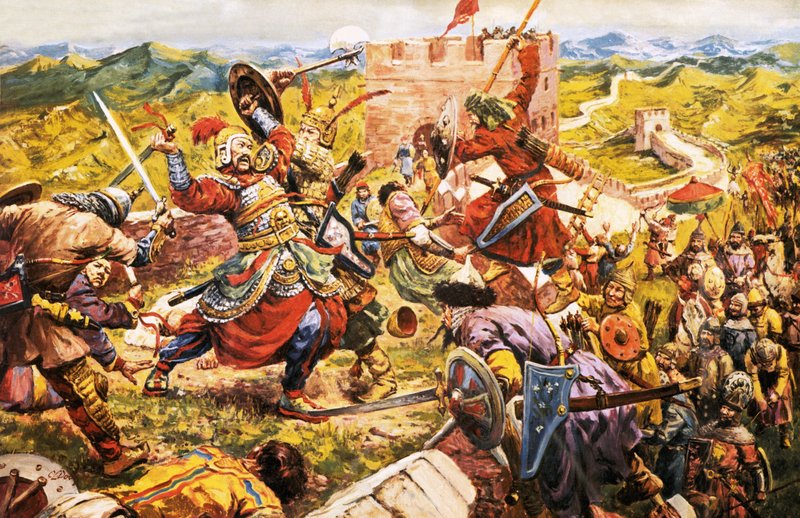 Mongolien sotilaat murtautumassa Kiinan muurin läpi tekijältä C.L. Doughty