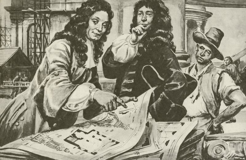 Sir Christopher Wren, Lontoon Pyhän Paavalin katedraalin arkkitehti (litografia). tekijältä C.L. Doughty