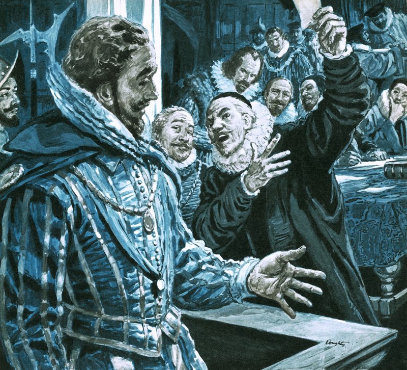 Sir Walter Raleigh puolustautuu Edward Coken syytöksiä vastaan. tekijältä C.L. Doughty