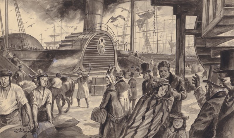 Cunard Companyn höyrylaiva The Britannia, joka aloitti kaksi kertaa viikossa liikennöinnin Amerikkaan vuonna 1840 (guassi paperille). tekijältä C.L. Doughty