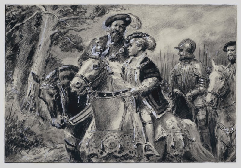 Lord Protector, Somersetin herttua, kuljettaa nuoren kuningas Edward VI:n Windsoriin (guassi paperille). tekijältä C.L. Doughty