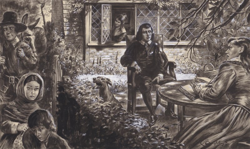 Runoilija John Milton puutarhassaan tyttäriensä kanssa (guassi paperille). tekijältä C.L. Doughty