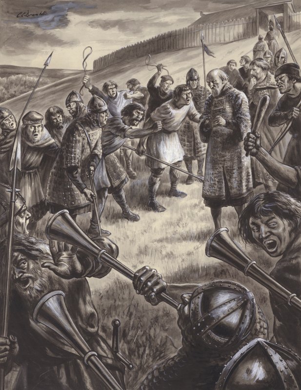 Tunnistamaton historiallinen kohtaus (guassi paperille) tekijältä C.L. Doughty