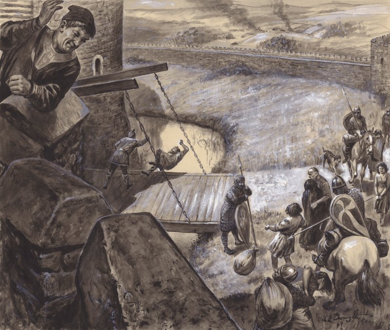 Tunnistamaton historiallinen kohtaus (guassi paperille) tekijältä C.L. Doughty