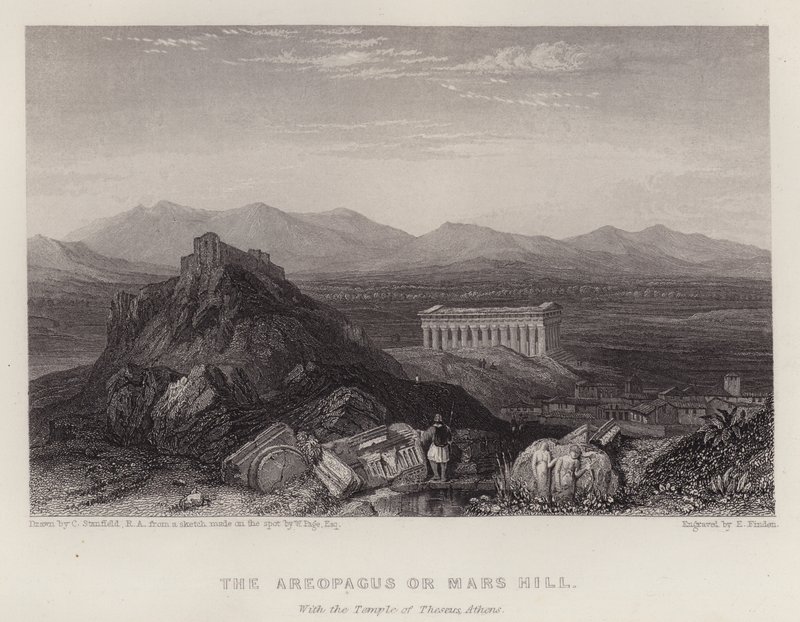Areopagus tai Mars-kukkula, Ateenan Theseuksen temppeli (värilitho) tekijältä C. (after) Stanfield