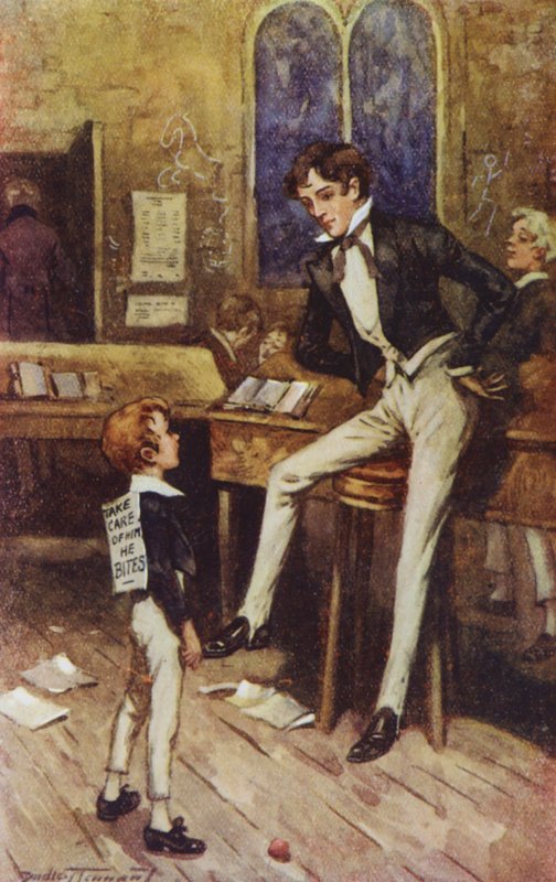Charles Dickensin David Copperfield -teoksen kuvitus (värilitografia). tekijältä C. Dudley (after) Tennant