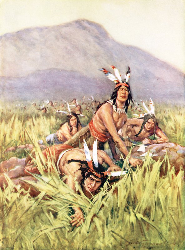 Amerikan intiaanit hyökkäämässä (väri litho) tekijältä C. Dudley Tennant