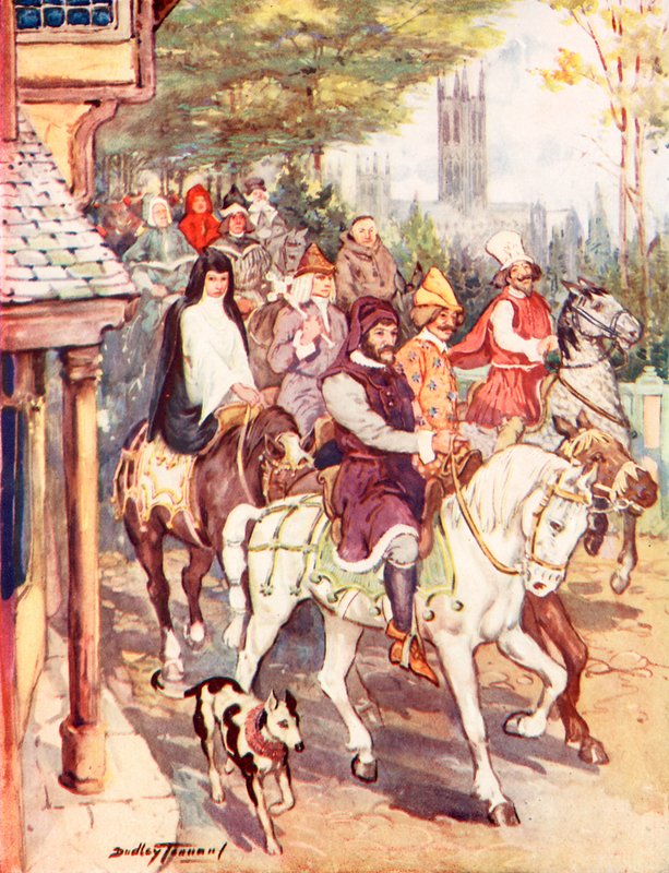 Chaucer ratsastaa Canterburyyn pyhiinvaeltajien kanssa (värilitho) tekijältä C. Dudley Tennant