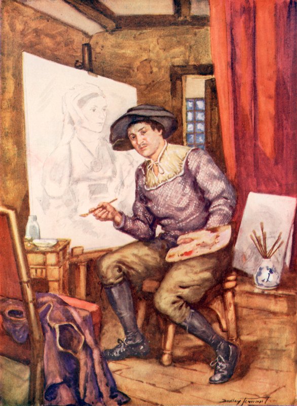Hans Holbein töissä studiossaan (värilitho) tekijältä C. Dudley Tennant