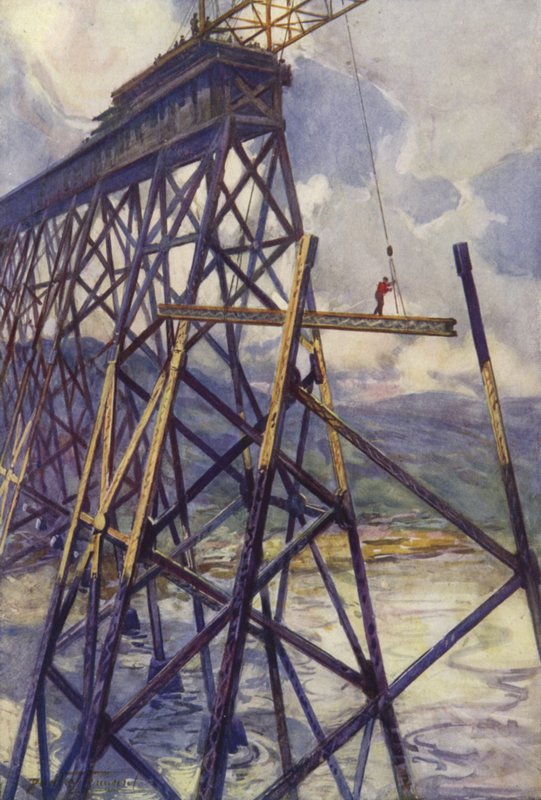 Colocando o aço do Battle River Viaduct da Grand Trunk Pacific Railway, Canadá (lito de cor) finlandês tekijältä C. Dudley Tennant