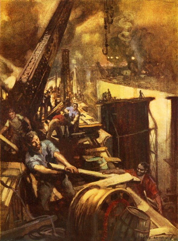 Panaman kanavan valmistus (väri litho) tekijältä C. Dudley Tennant