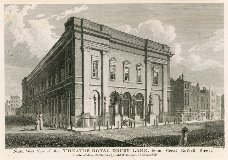 Länsinäkymä Theatre Royalille, Drury Lane, Lontoo, Great Russell Streetiltä tekijältä C. John Mayle Whichelo