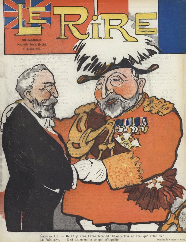 Ranskan presidentti Loubet ja kuningas Edward VII. Kuvitus Le Rirelle tekijältä Caran d Ache