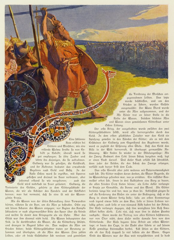 Odin heittää keihään aloittaakseen Aesir-Vanirin sodan (värilitho) tekijältä Carl Emil Doepler