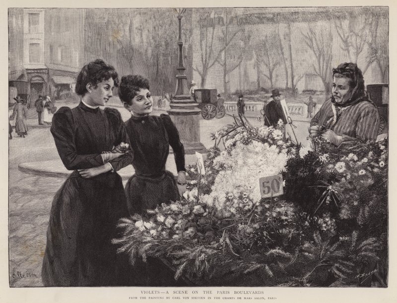 Violetit - kohtaus Pariisin bulevardeilla, maalaus Champs de Mars -salongissa, Pariisi (litho) tekijältä Carl Ernest von Stetten