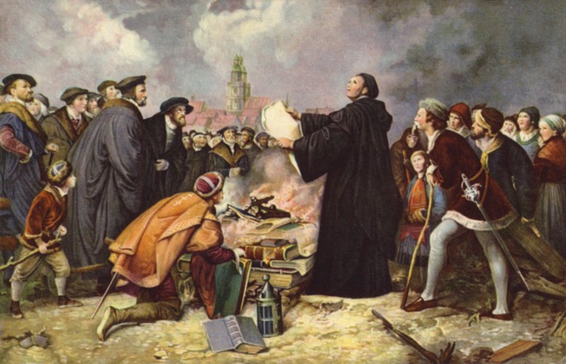 Martti Luther polttaa paavin bullan vuonna 1520 (väri litho) tekijältä Carl Friedrich (after) Lessing
