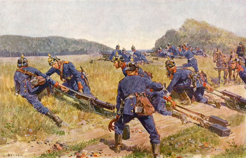 Baijerin konekivääriyhtiö perustamassa asemaa (värilitho) tekijältä Carl Ludwig Friedrich (after) Becker