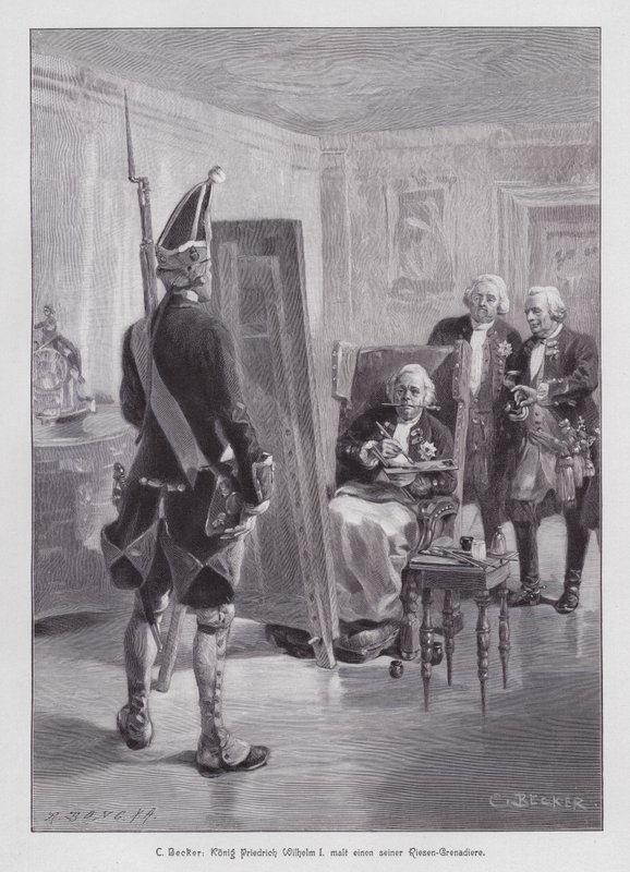 Preussin kuningas Frederick William I maalasi potsdamer Riesengarde (Potsdamin jättiläiskaarti) -lestarin (kaiverrus) tekijältä Carl Ludwig Friedrich (after) Becker