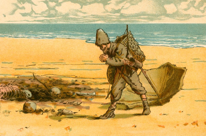 Robinson Crusoe näkee rannan, joka on täynnä ihmisten pääkalloja ja luita tekijältä Carl Marr