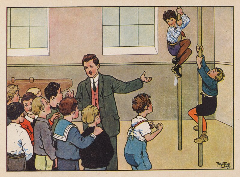 Pojat kiipeilemässä sauvoilla kuntosalilla (värilitografia) tekijältä Carl Robert Arthur Thiele