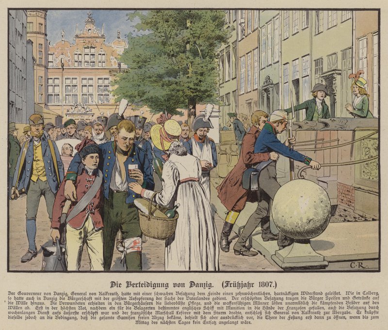 Siviilit auttoivat preussilaisia haavoittuneita Danzigin puolustamisen aikana, kevät 1807 (väri litho) tekijältä Carl Röchling