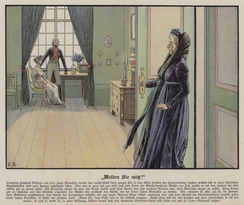 Preussin kruununprinssi Frederick ja hänen nuori vaimonsa prinsessa Louise tapaavat epävirallisesti vastoin Vossin kreivitärtä (väri litho) tekijältä Carl Röchling