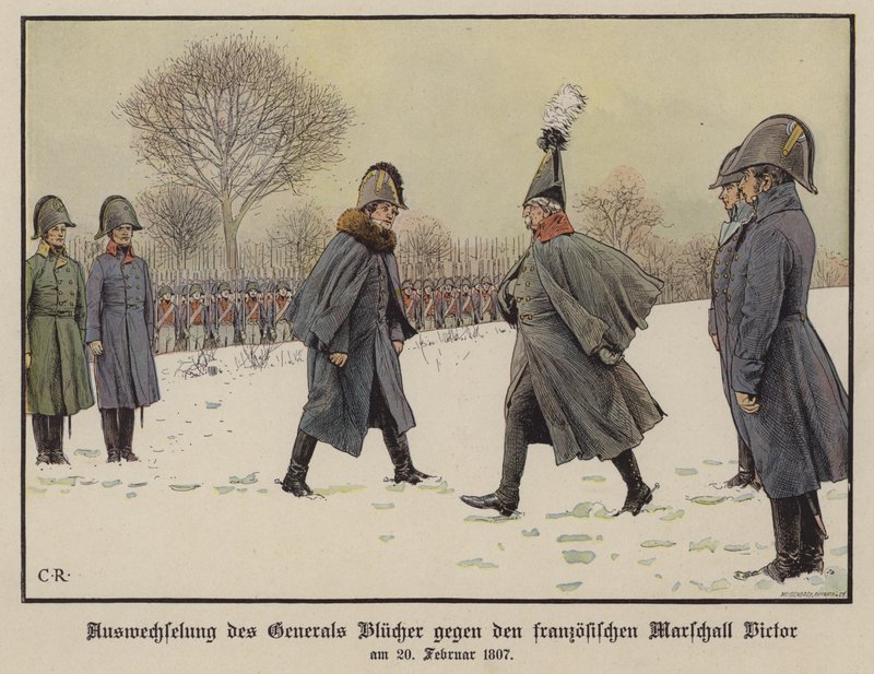 Vangittujen Preussin ja Ranskan sotamarsalkkaiden Gebhard Blucherin ja Claude Victor-Perrinin vaihto, 20. helmikuuta 1807 (väri litho) tekijältä Carl Röchling