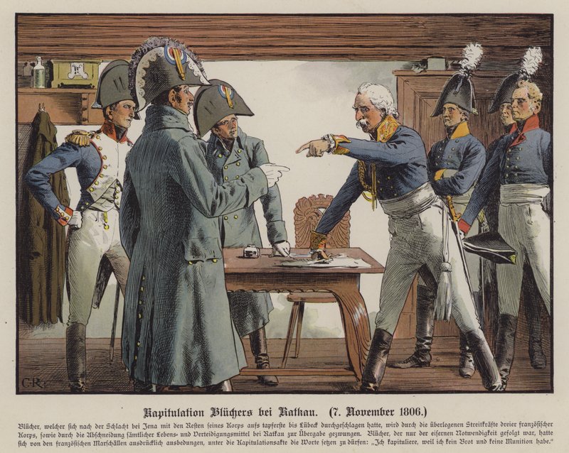 Kenttämarsalkka Blucher antautumassa ranskalaisille Katekaussa, 7. marraskuuta 1806 (väri litho) tekijältä Carl Röchling