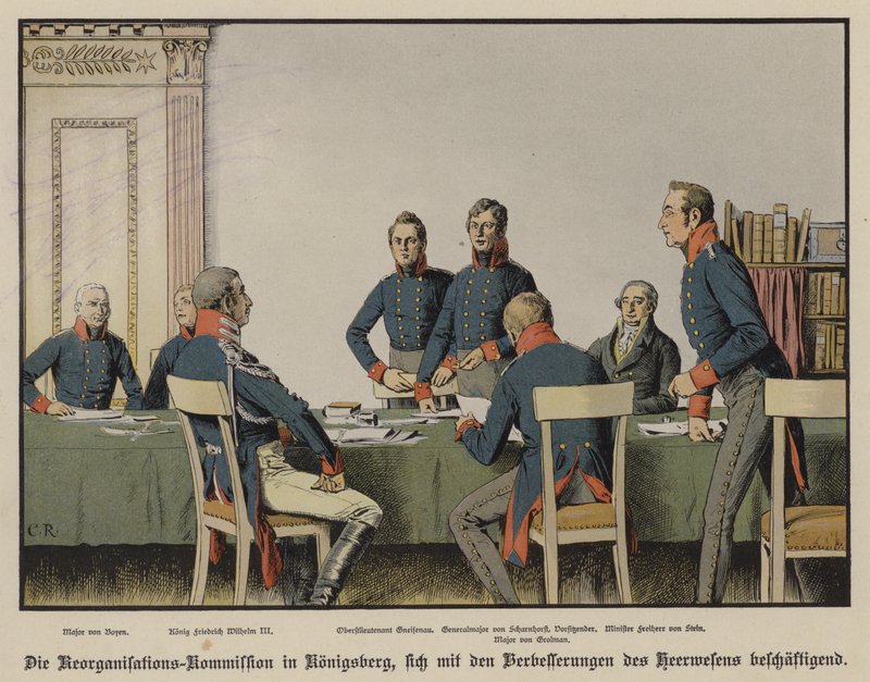 Kuningas Frederick Vilhelm III osallistumassa Preussin sotilaallisen uudelleenjärjestelykomission kokoukseen Königsbergissä (värilitho) tekijältä Carl Röchling