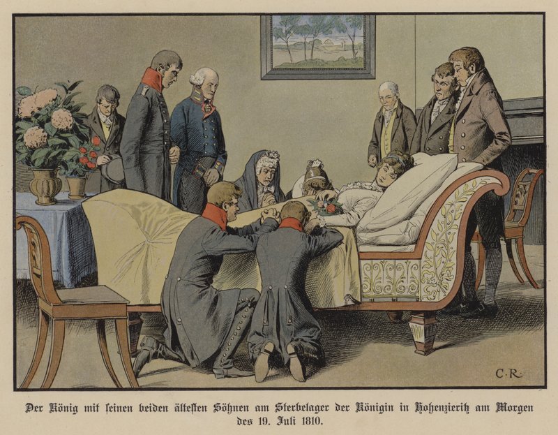 Preussin kuningas Frederick William III ja hänen kaksi vanhinta poikaansa kuningatar Louisen kuolinvuoteen vieressä aamulla 19. heinäkuuta 1810 (väri litho) tekijältä Carl Röchling