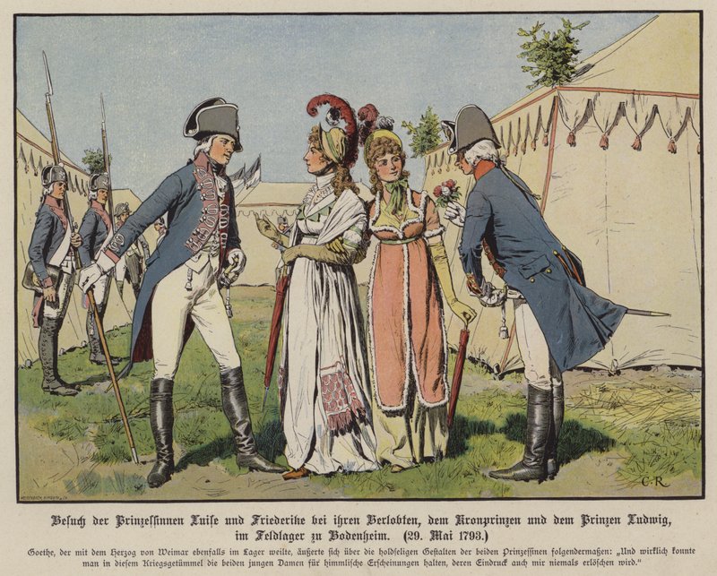 Mecklenburg-Strelitzin prinsessat Louise ja Frederica vierailemassa sulhasensa, Preussin kruununprinssi Frederick Williamin ja Hannoverin prinssi Ludwigin luona Bodenheimin sotilasleirillä 20. toukokuuta 1793 (värilitho) tekijältä Carl Röchling