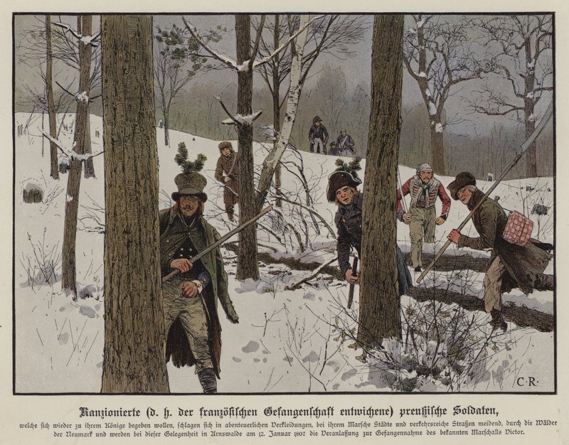Preussilaissotilaat välttelevät ranskalaista vankeutta, tammikuu 1807 (värilitho) tekijältä Carl Röchling