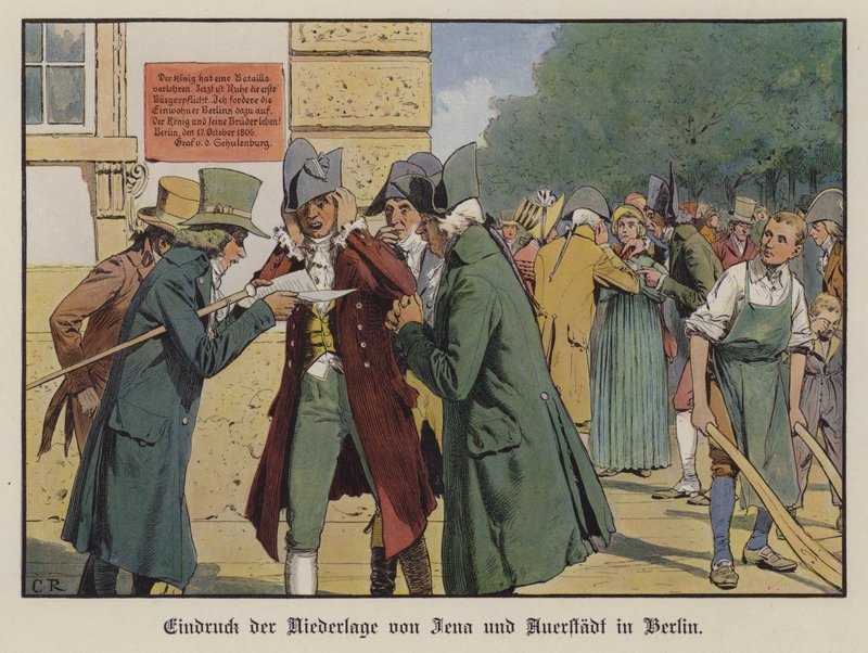 Uutisten Preussin tappiosta Jena-Auerstadtin taistelussa vaikutus Berliinin kaduille (väri litho) tekijältä Carl Röchling