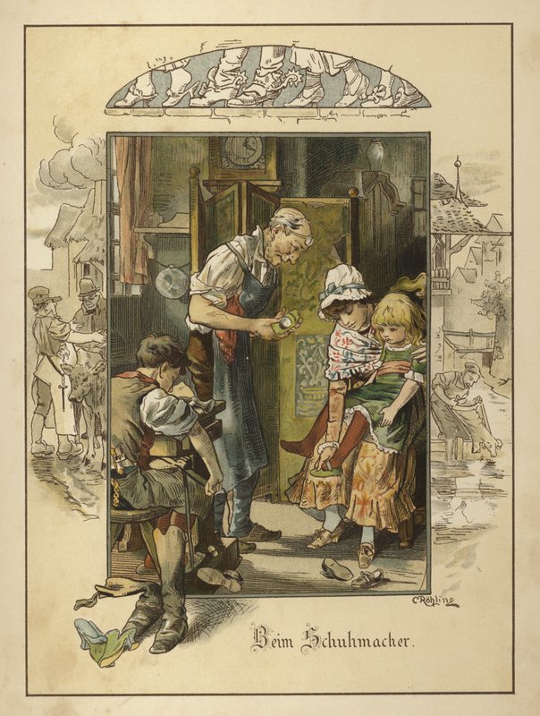 Suutarin luona (väri litho) tekijältä Carl Rohling