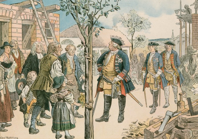 Frederick William I (1688-1740) siirtymään joutuneiden salzburgilaisten kanssa Itä-Preussissa vuonna 1739 tekijältä Carl Rohling
